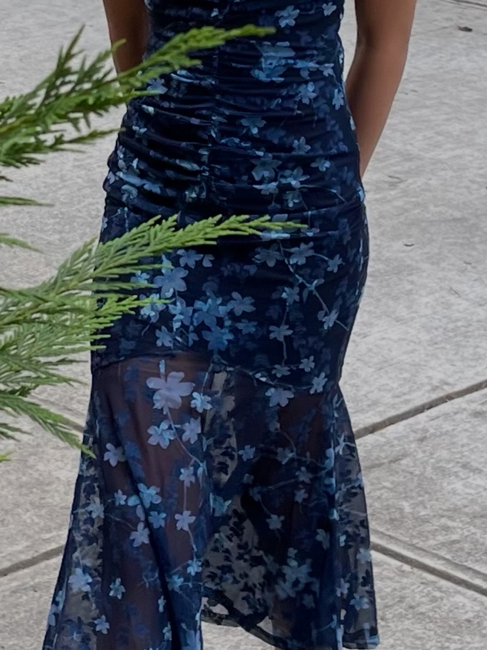 Blue Floral Maxi Dress with Sheer Overlay